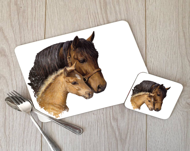 Horse & Foal Hardboard Placemat and Coaster Set, Horse Table Set